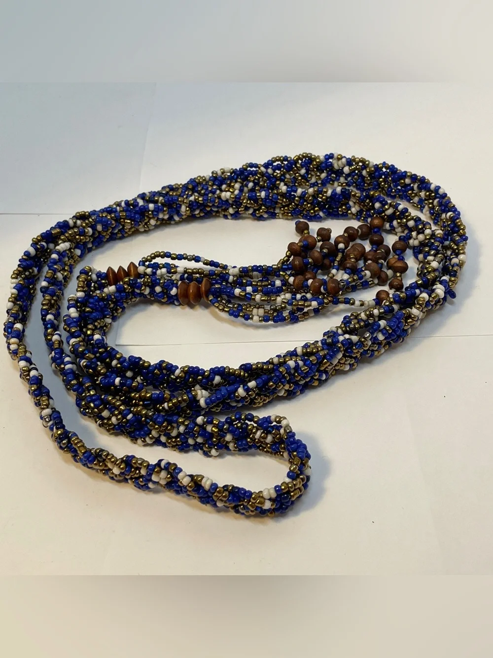 Braided Boho Native Am Style Seed Bead Adjustable Belt Blue Cream Brass, 60”